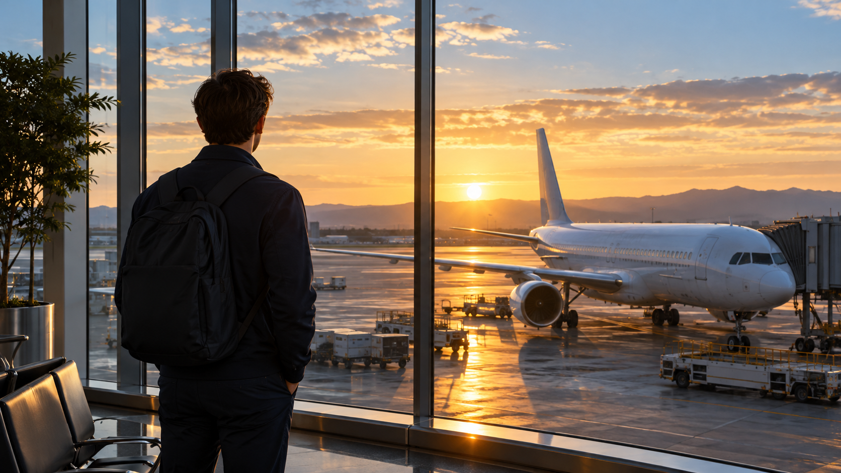 Travellers in an airport terminal at golden hour with aircraft visible through large windows